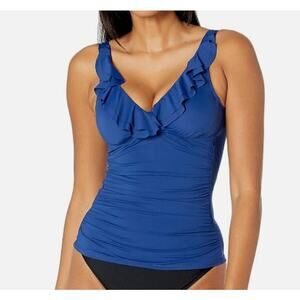 Ralph Lauren Ruffled V Neck Underwire Tankini Swim Top Sapphire Blue 8 NWT
